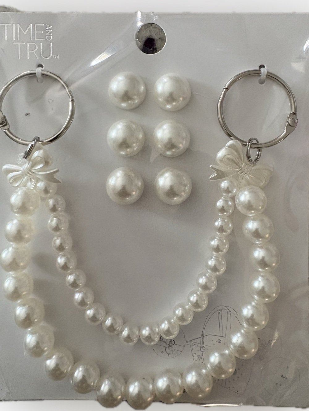 Time and Tru White Faux Pearl Purse Chain with Bow Charms